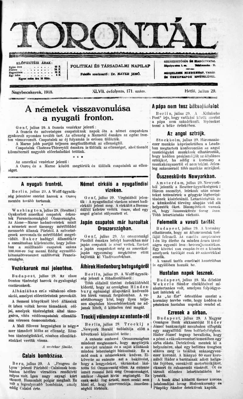 Torontál, 47. évf. 1918. július 29. 171. sz.