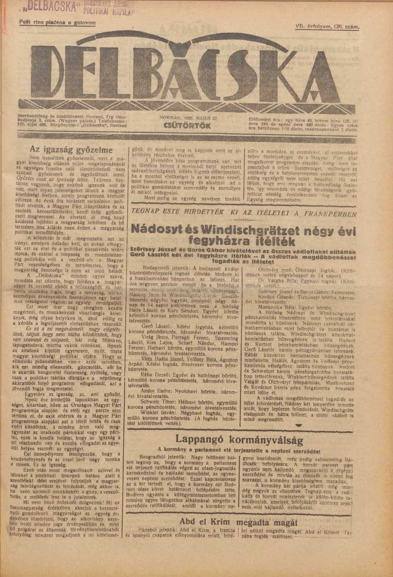 Délbácska, 7. évf. 1926. május 27. 120. sz.