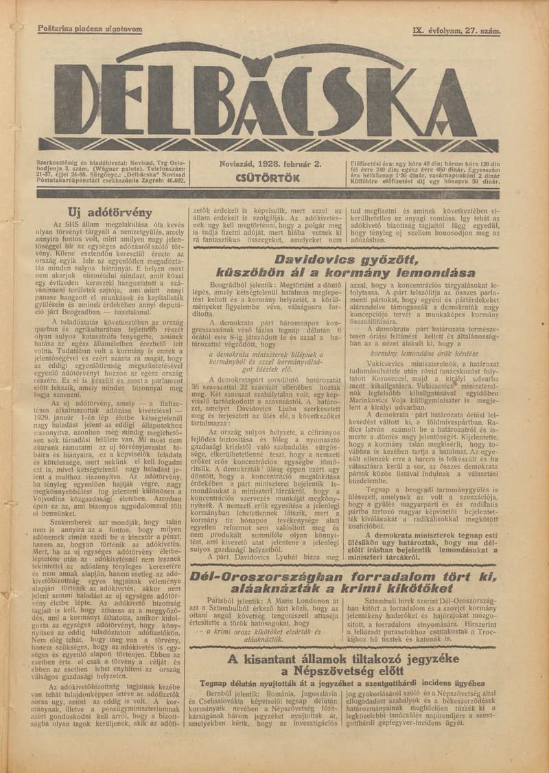 Délbácska, 9. évf. 1928. február 2. 27. sz.