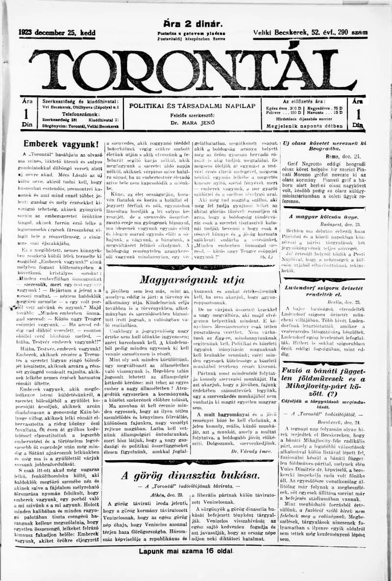 Torontál, 52. évf. 1923. december 25. 290. sz.