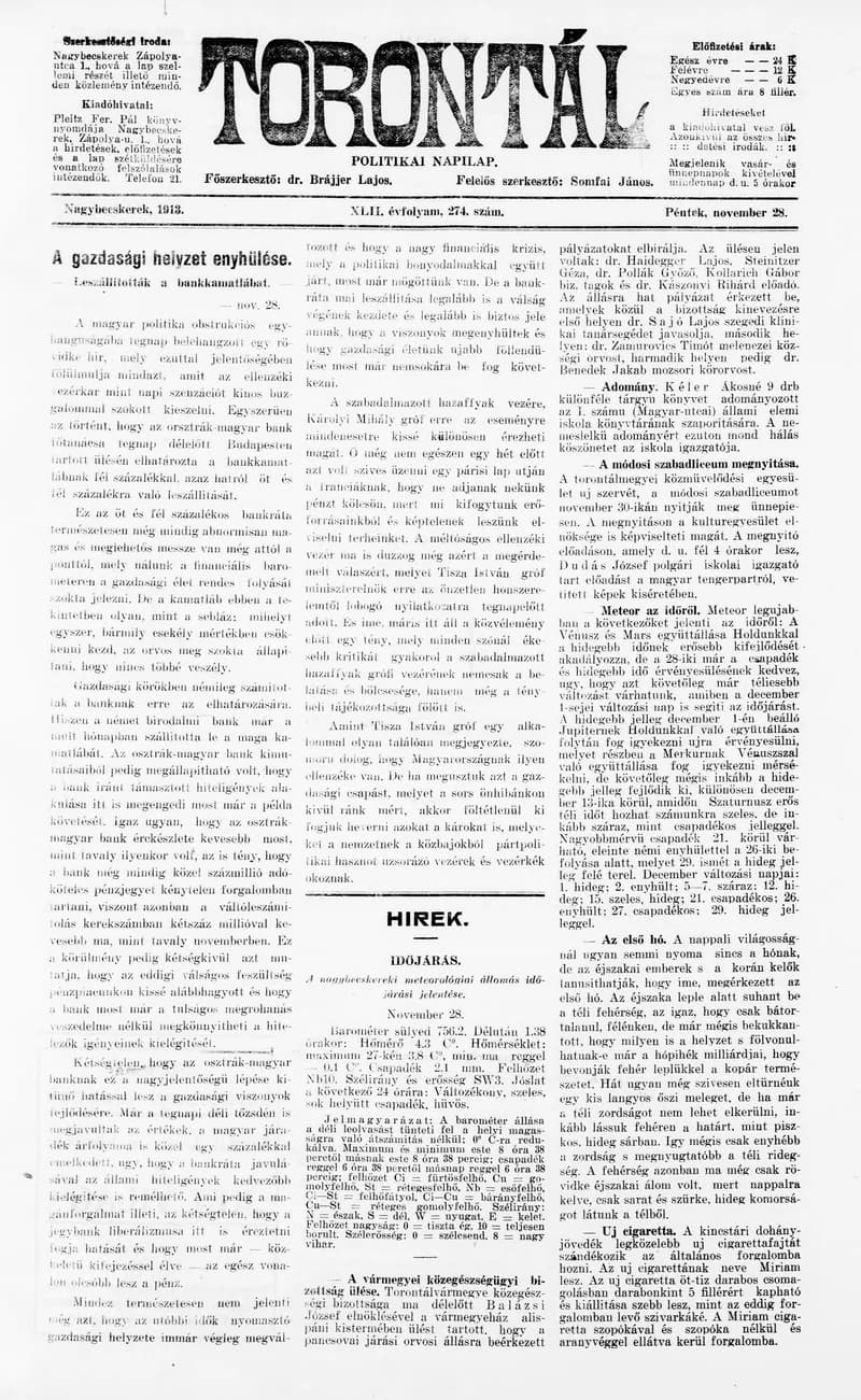 Torontál, 42. évf. 1913. november 28. 274. sz.
