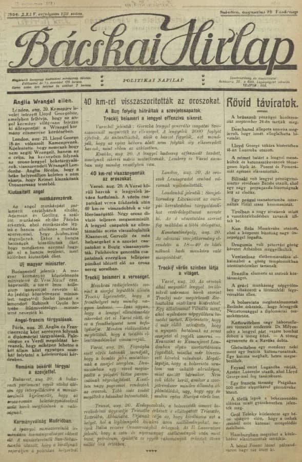 Bácskai Hirlap, 24. évf. 1920. augusztus 22. 132. sz.