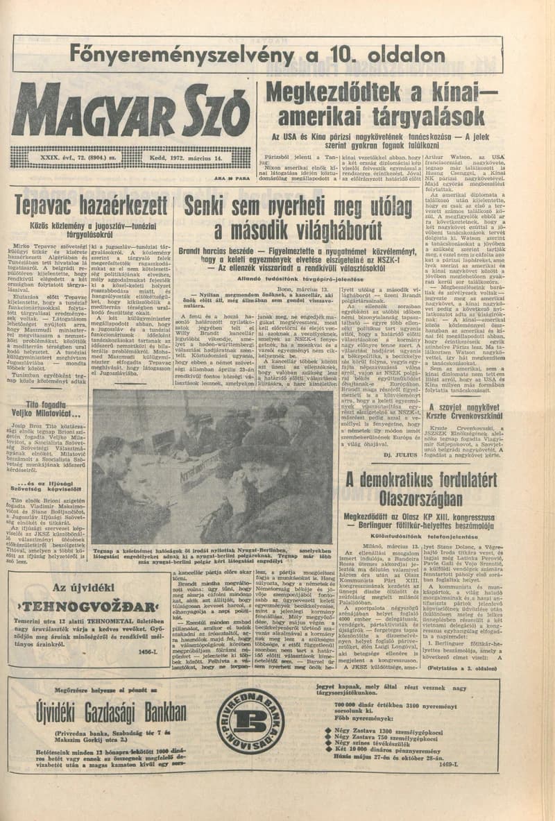 Magyar Szó, 29. évf. 1972. március 14. 72. sz. 1–16. oldal