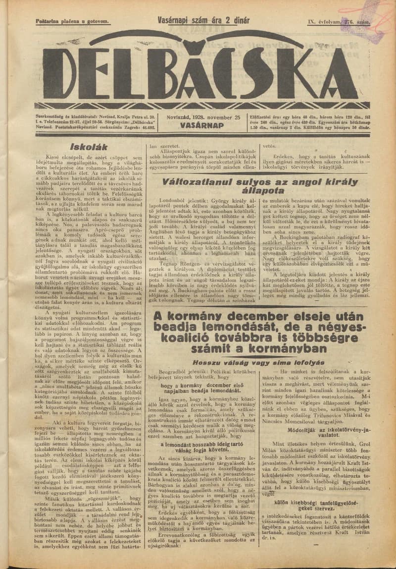 Délbácska, 9. évf. 1928. november 25. 276. sz.