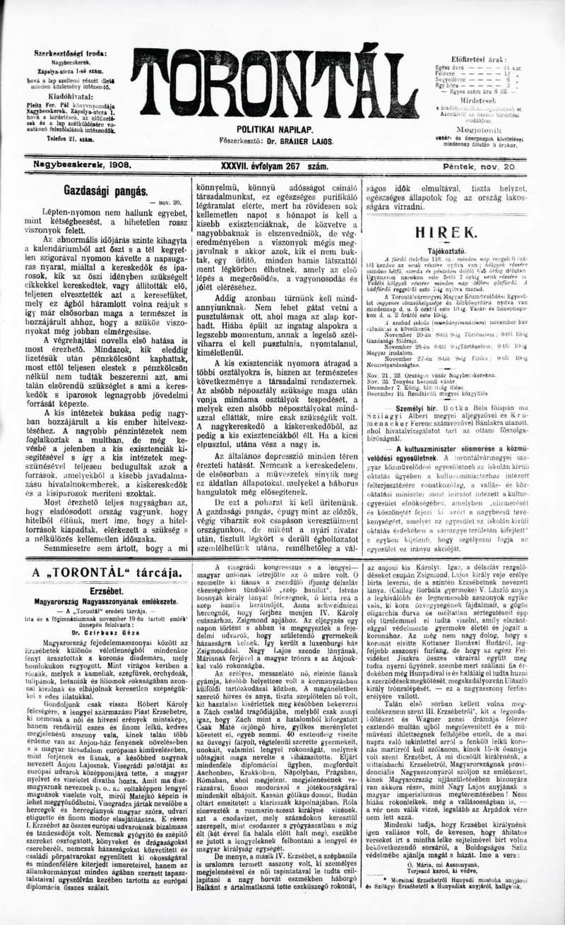 Torontál, 37. évf. 1908. november 20. 267. sz.