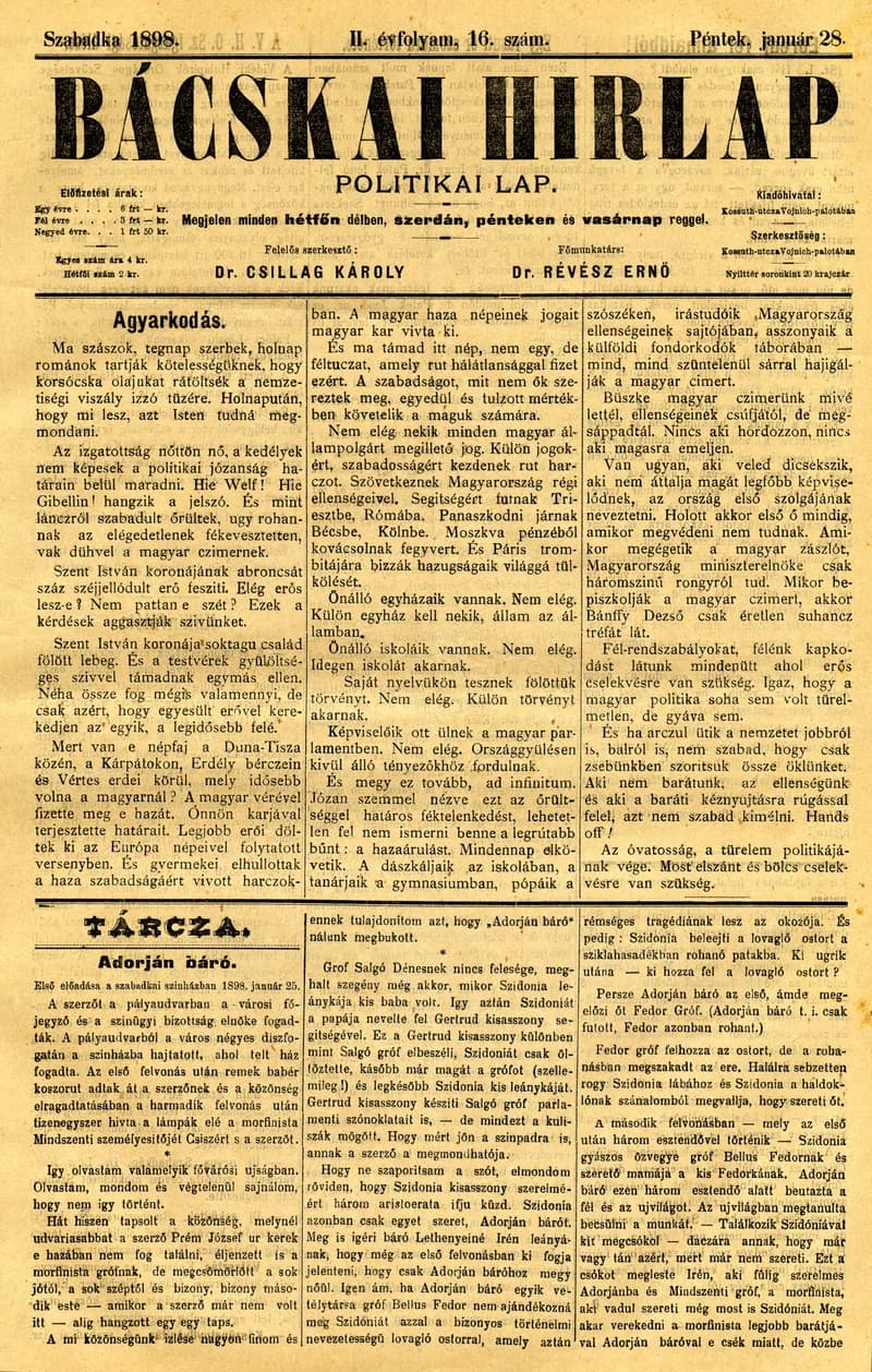 Bácskai Hirlap, 2. évf. 1898. január 28. 16. sz. 1–4. oldal