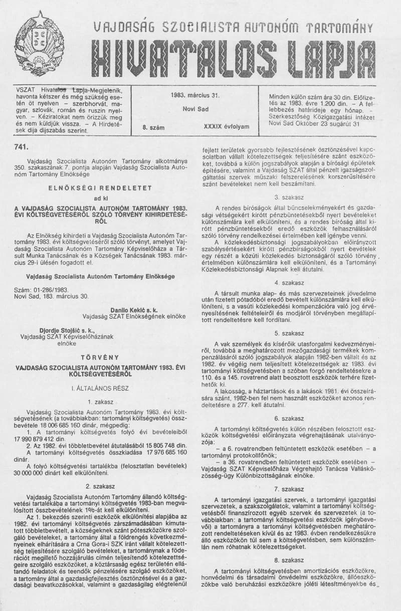 Vajdaság Szocialista Autonóm Tartomány Hivatalos Lapja, 39. évf. 1983. március 31. 8. sz.