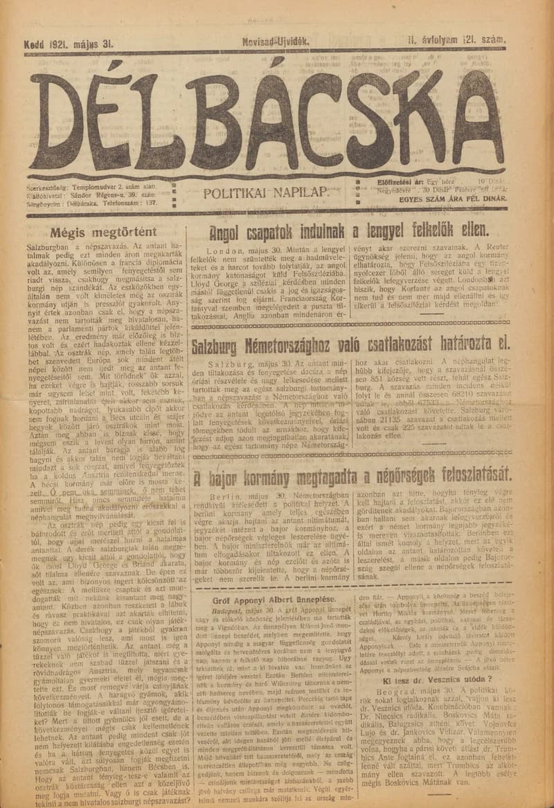 Délbácska, 2. évf. 1921. május 31. 121. sz.
