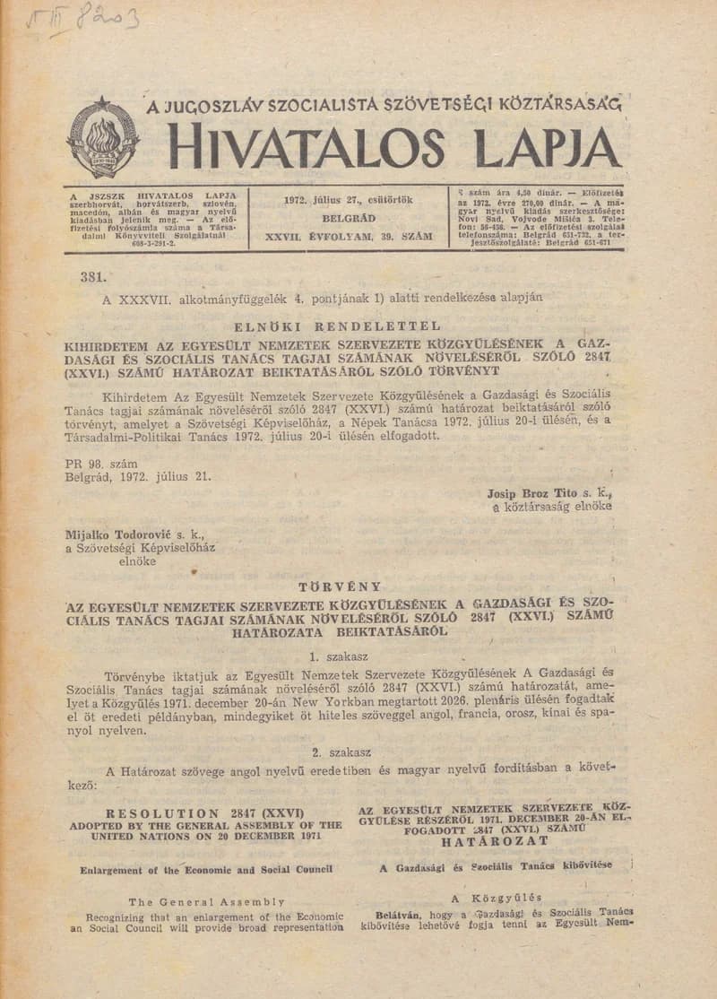 A Jugoszláv Szocialista Szövetségi Köztársaság Hivatalos Lapja, 28. évf. 1972. július 27. 39. sz. 817–848. oldal
