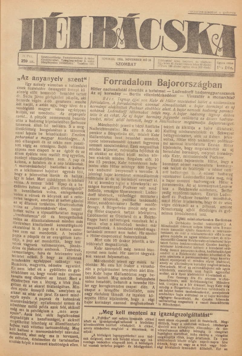 Délbácska, 4. évf. 1923. november 10. 259. sz.