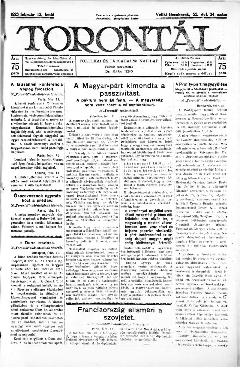 Torontál, 52. évf. 1923. február 13. 34. sz.