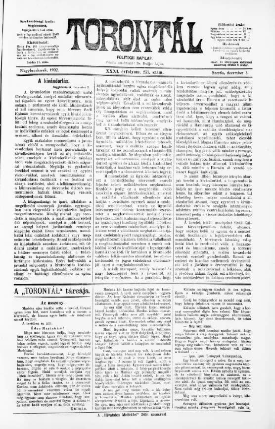 Torontál, 31. évf. 1902. december 3. 277. sz.
