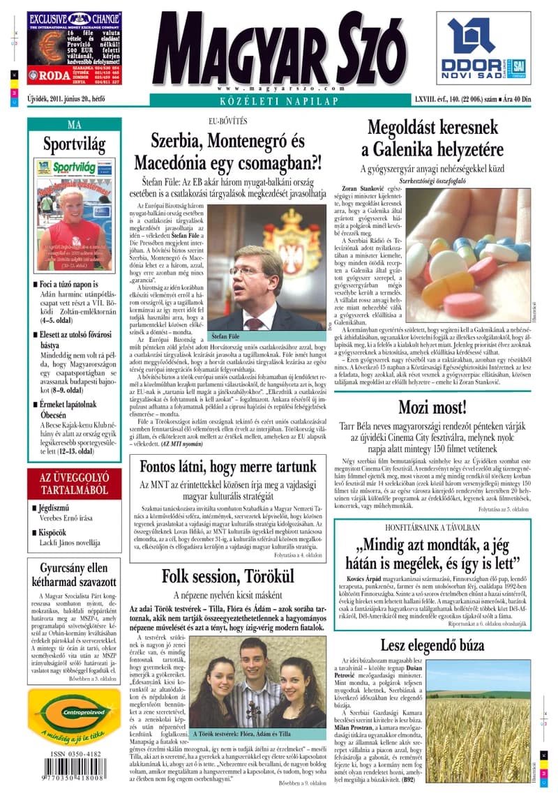 Magyar Szó, 68. évf. 2011. június 20. 140. sz. 1–16. oldal