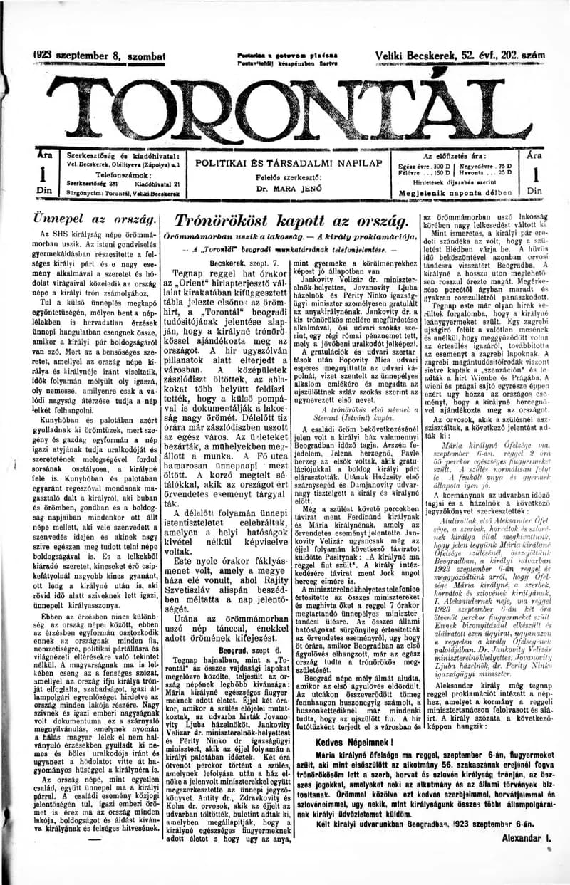 Torontál, 52. évf. 1923. szeptember 8. 202. sz.