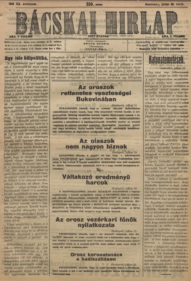 Bácskai Hirlap, 20. évf. 1916. július 10. 310. sz.