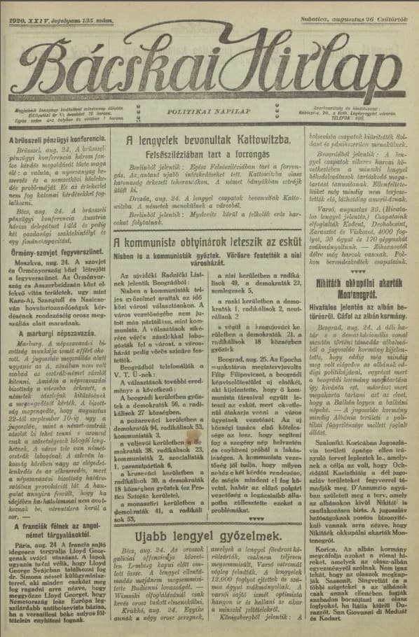 Bácskai Hirlap, 24. évf. 1920. augusztus 26. 135. sz.