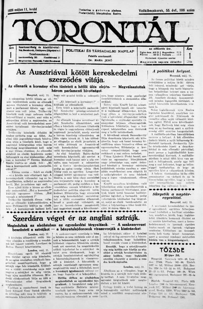 Torontál, 55. évf. 1926. május 11. 108. sz.