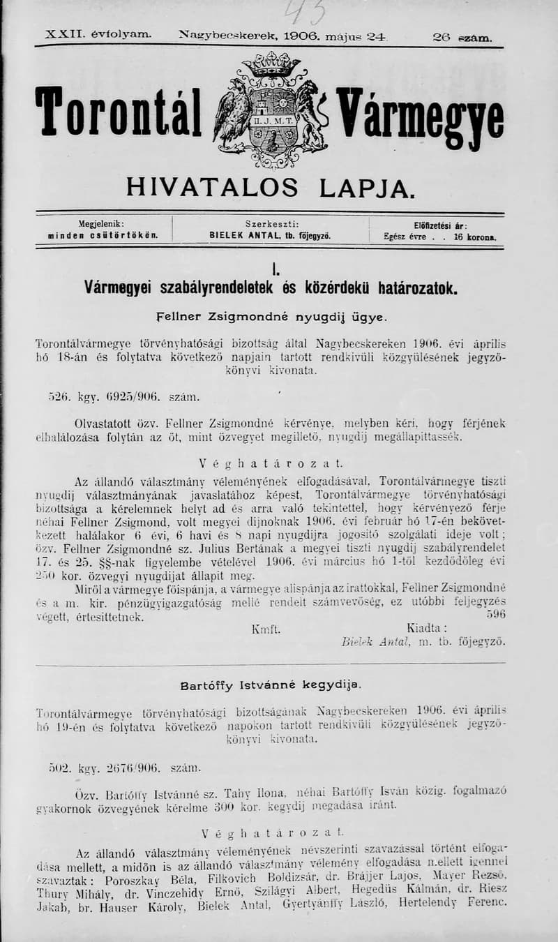 Torontál Vármegye Hivatalos Lapja, 22. évf. 1906. május 24. 26. sz.
