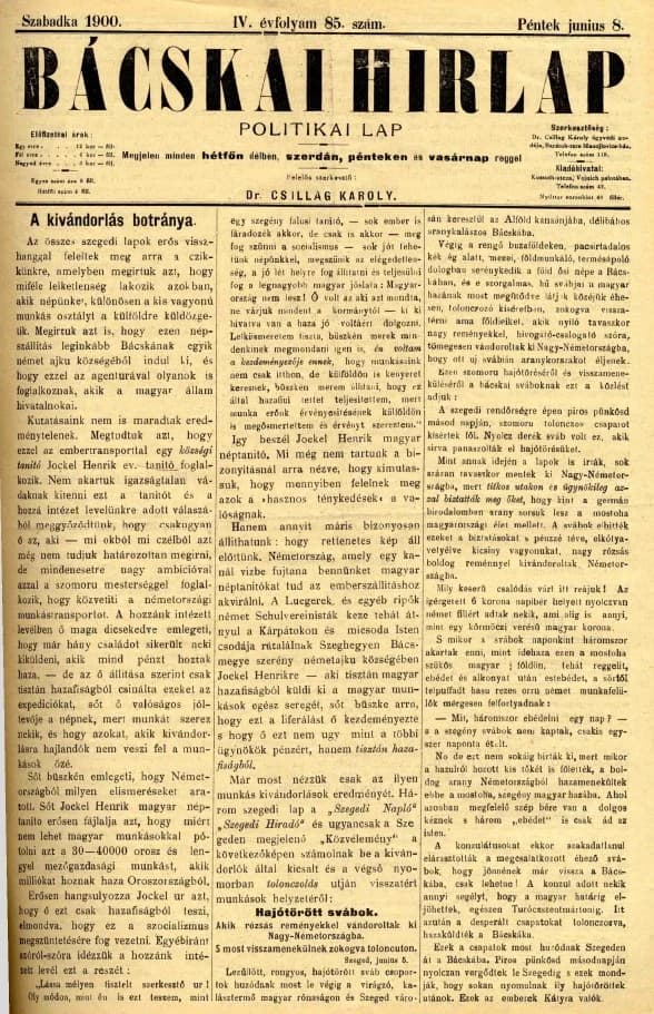 Bácskai Hirlap, 4. évf. 1900. június 8. 85. sz.