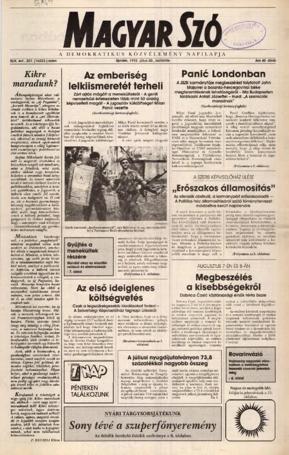 Magyar Szó, 49. évf. 1992. július 30. 207. sz. 1–16. oldal