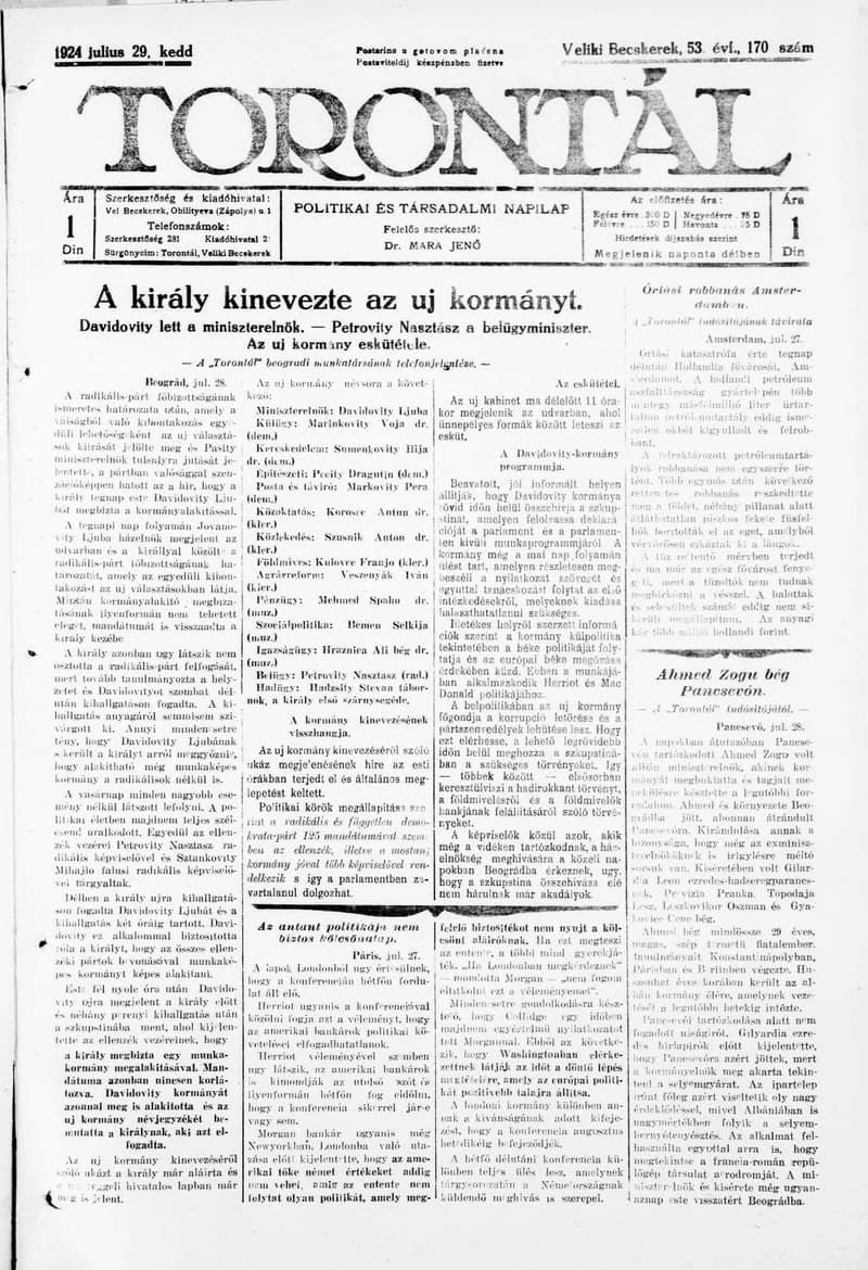 Torontál, 53. évf. 1924. július 29. 170. sz.