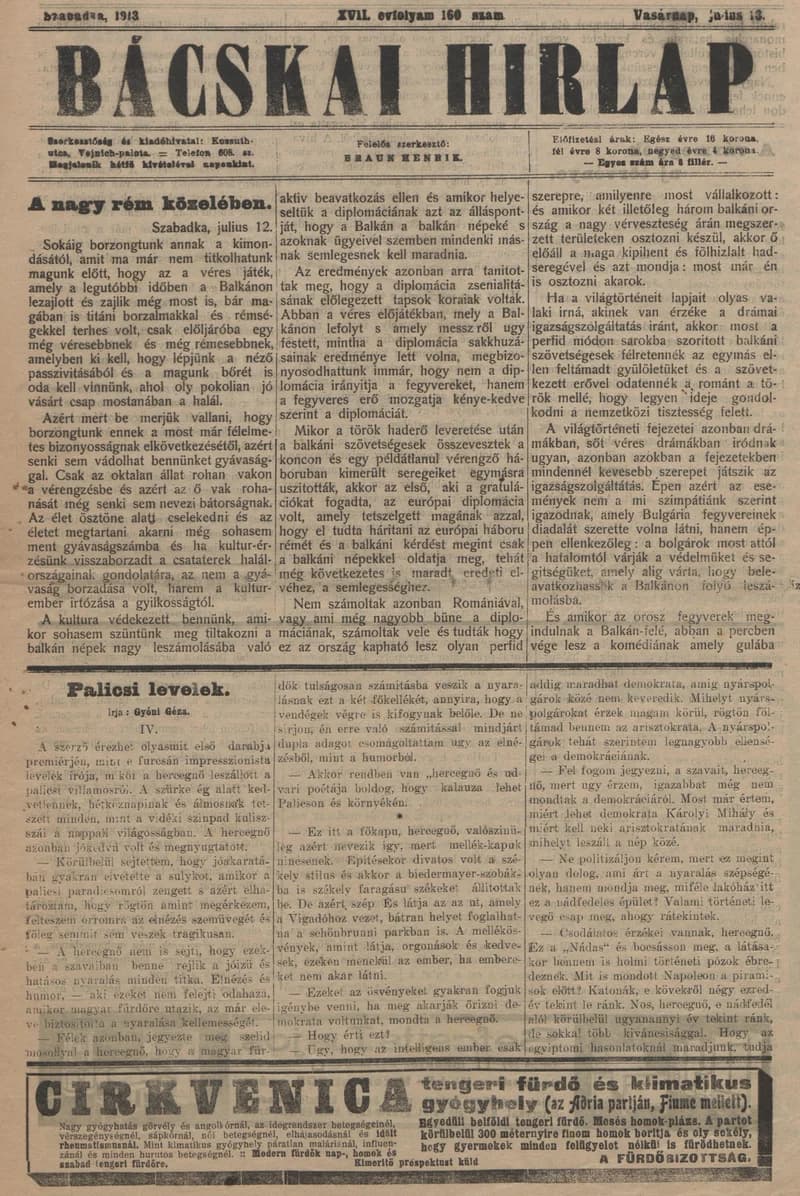 Bácskai Hirlap, 17. évf. 1913. július 13. 160. sz.