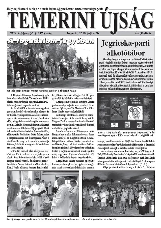 Temerini Újság, 24. évf. 2018. július 26. 30. sz.