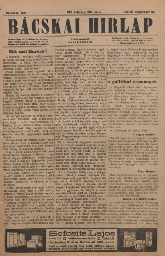 Bácskai Hirlap, 16. évf. 1912. szeptember 27. 220. sz.