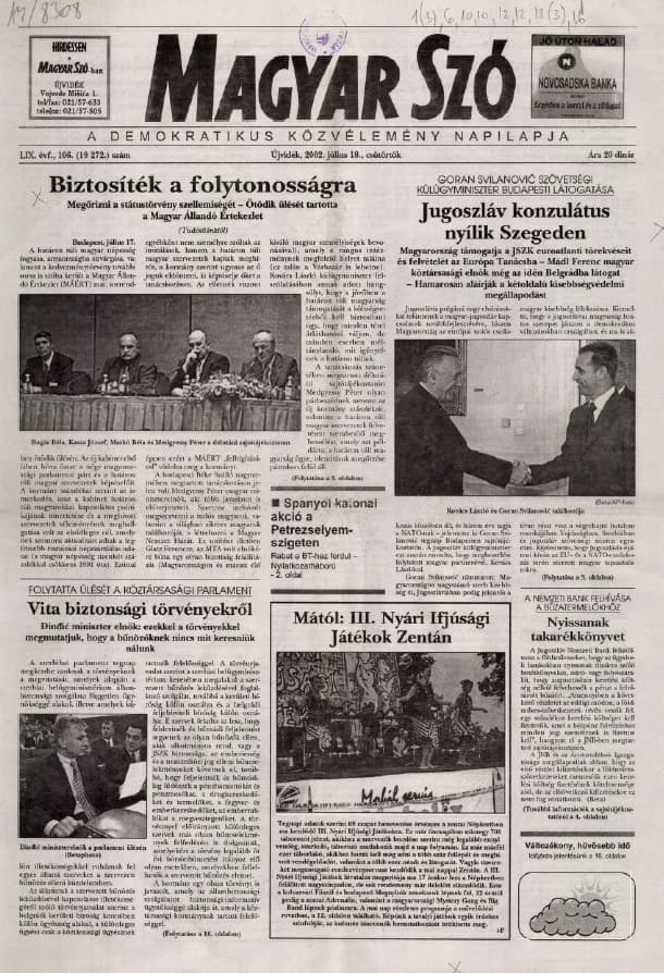 Magyar Szó, 59. évf. 2002. július 18. 166. sz. 1–16. oldal