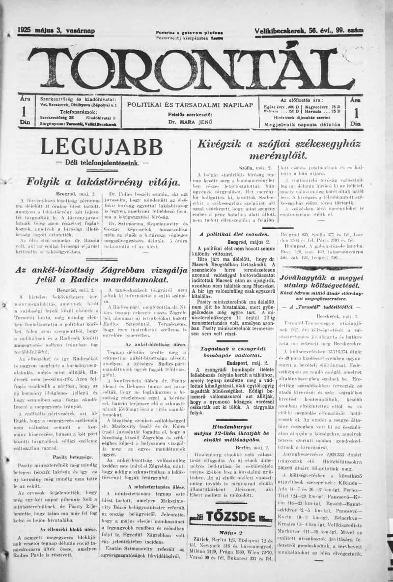Torontál, 54. évf. 1925. május 3. 99. sz.