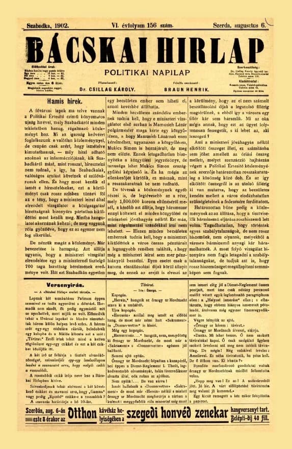 Bácskai Hirlap, 6. évf. 1902. augusztus 6. 156. sz.