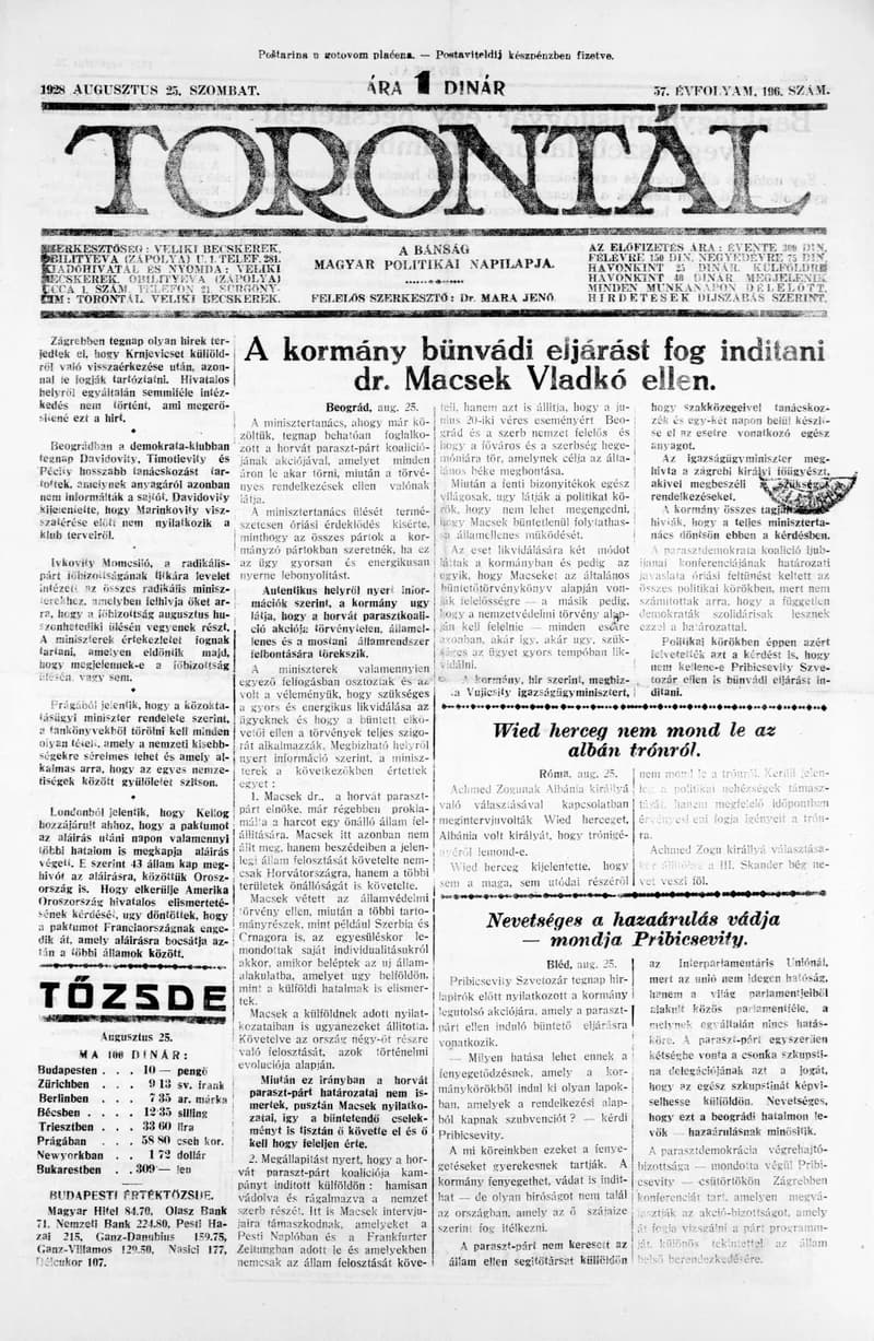 Torontál, 57. évf. 1928. augusztus 25. 196. sz.