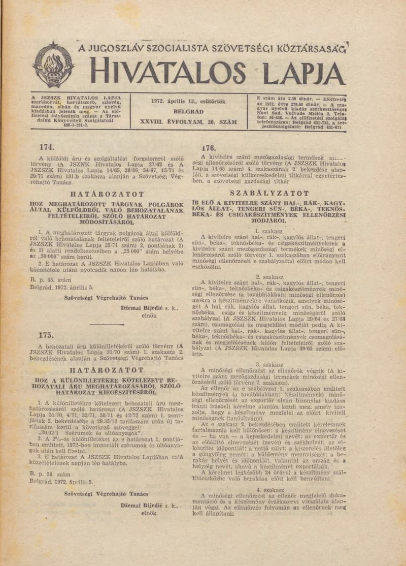 A Jugoszláv Szocialista Szövetségi Köztársaság Hivatalos Lapja, 28. évf. 1972. április 13. 20. sz. 401–408. oldal