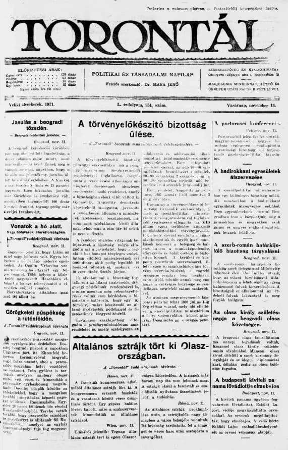 Torontál, 50. évf. 1921. november 13. 251. sz.