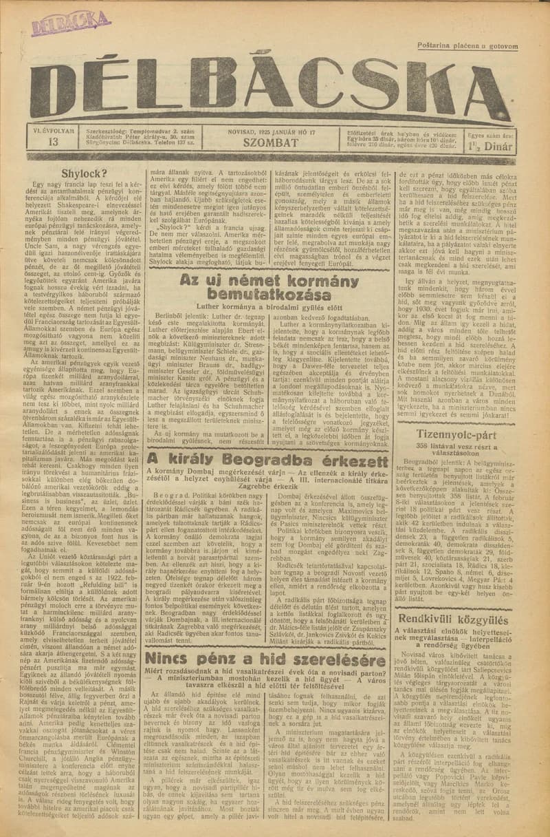 Délbácska, 6. évf. 1925. január 17. 13. sz.