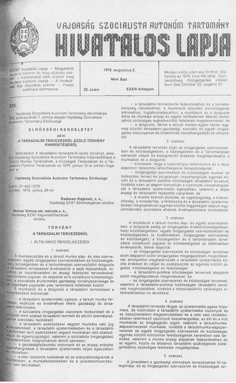 Vajdaság Szocialista Autonóm Tartomány Hivatalos Lapja, 34. évf. 1978. augusztus 5. 25. sz. 1033–1072. oldal