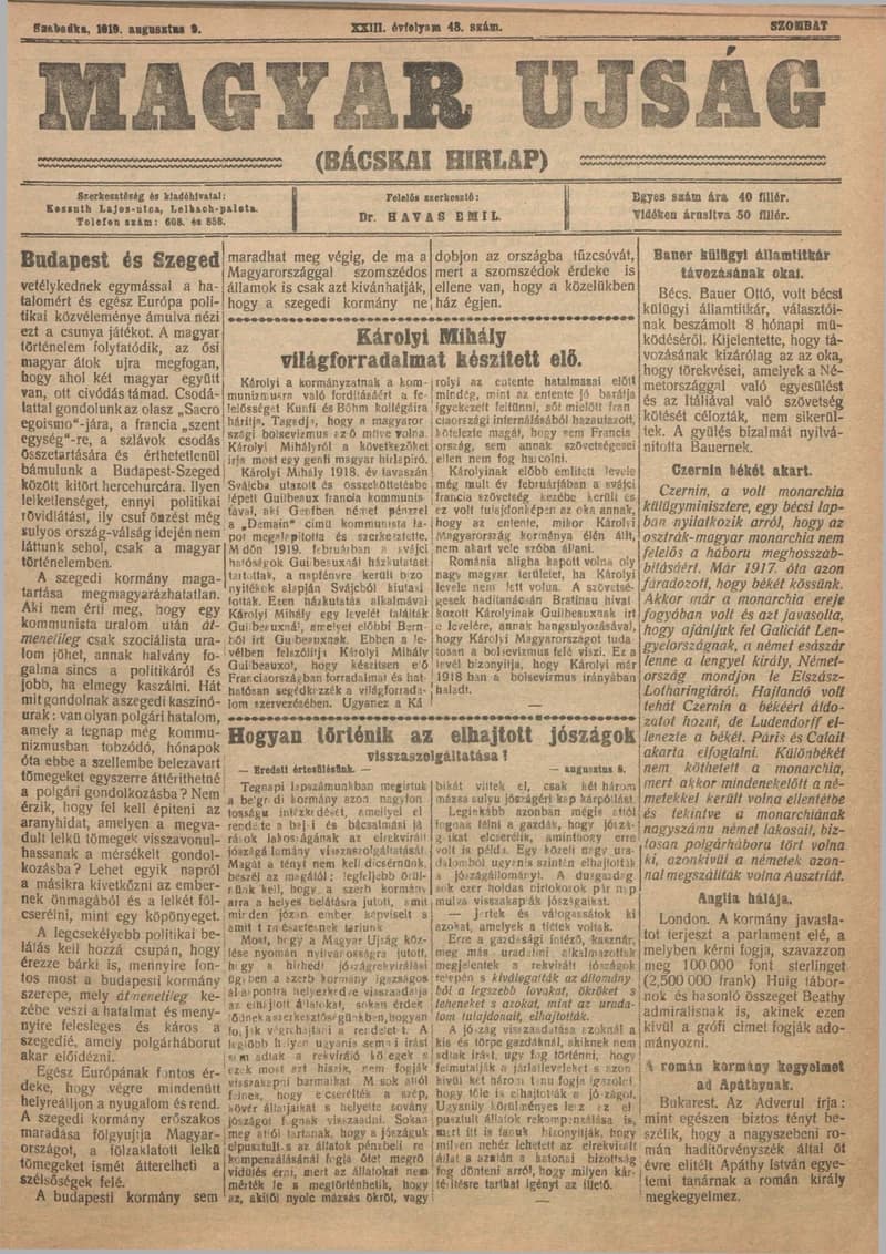 Bácskai Hirlap, 23. évf. 1919. augusztus 9. 48. sz.