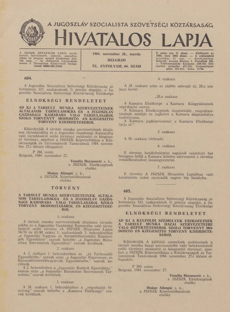 A Jugoszláv Szocialista Szövetségi Köztársaság Hivatalos Lapja, 40. évf. 1984. november 28. 64. sz. 1403–1418. oldal