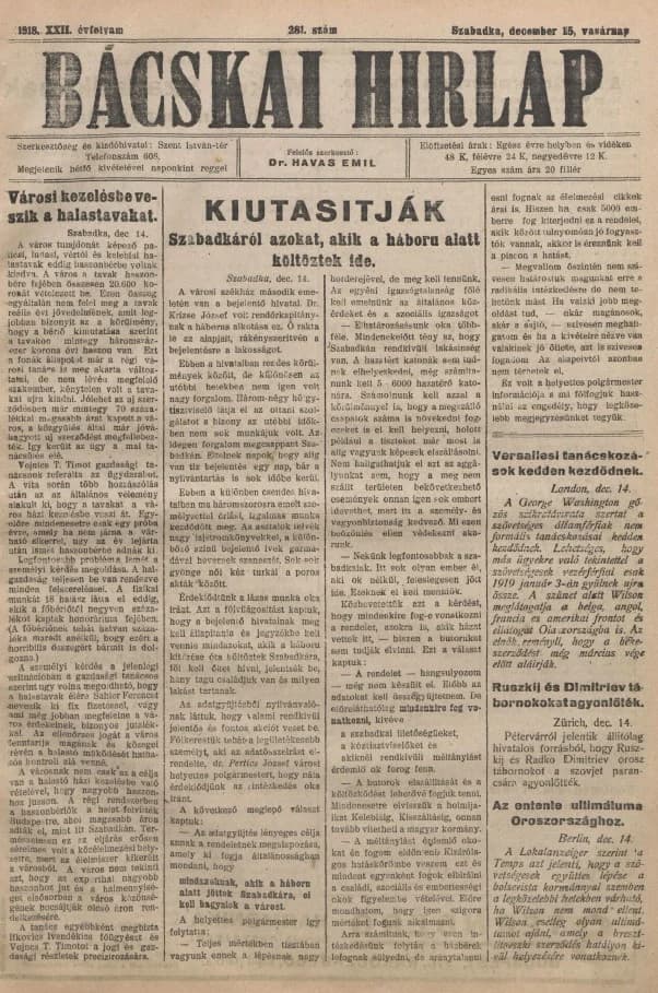 Bácskai Hirlap, 22. évf. 1918. december 15. 281. sz.