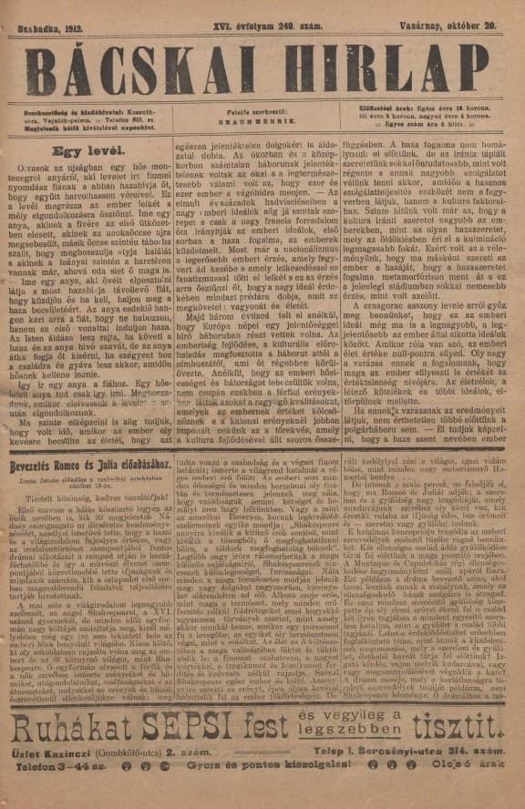 Bácskai Hirlap, 16. évf. 1912. október 20. 240. sz.