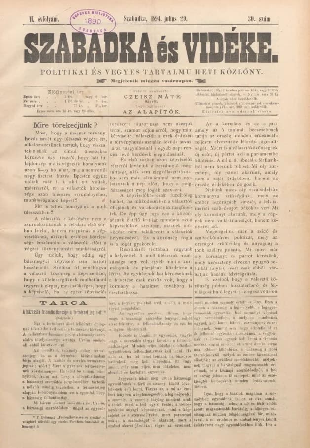 Szabadka és vidéke II, 2. évf. 1894. július 29. 30. sz.