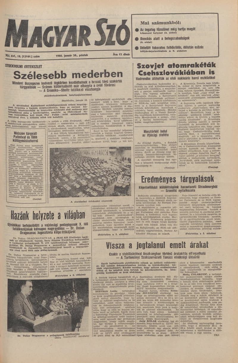 Magyar Szó, 41. évf. 1984. január 20. 18. sz. 1–20. oldal