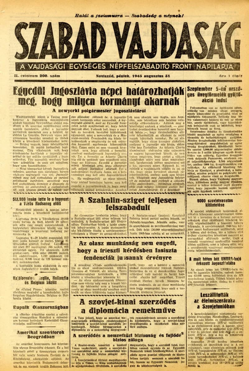 Szabad Vajdaság, 2. évf. 1945. augusztus 31. 200. sz.