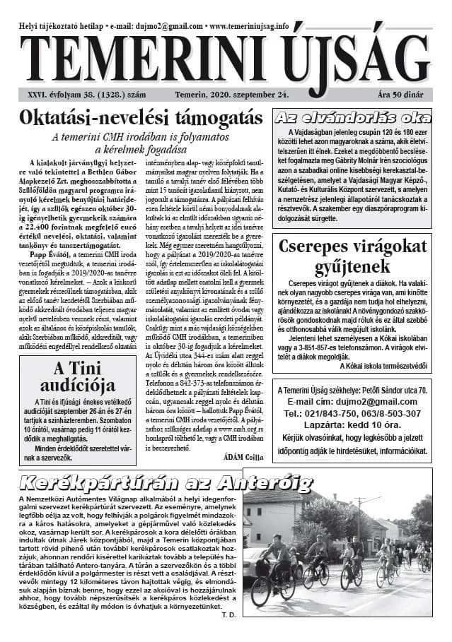 Temerini Újság, 26. évf. 2020. szeptember 24. 38. sz.