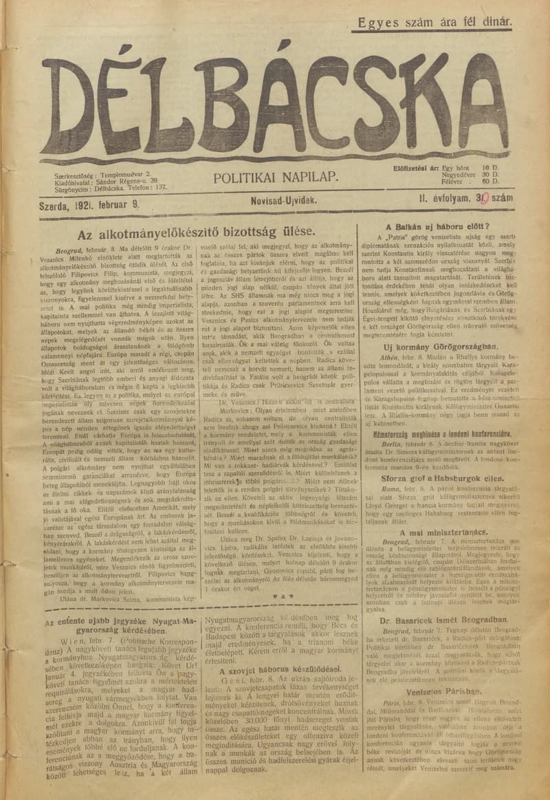 Délbácska, 2. évf. 1921. február 9. 30. sz.