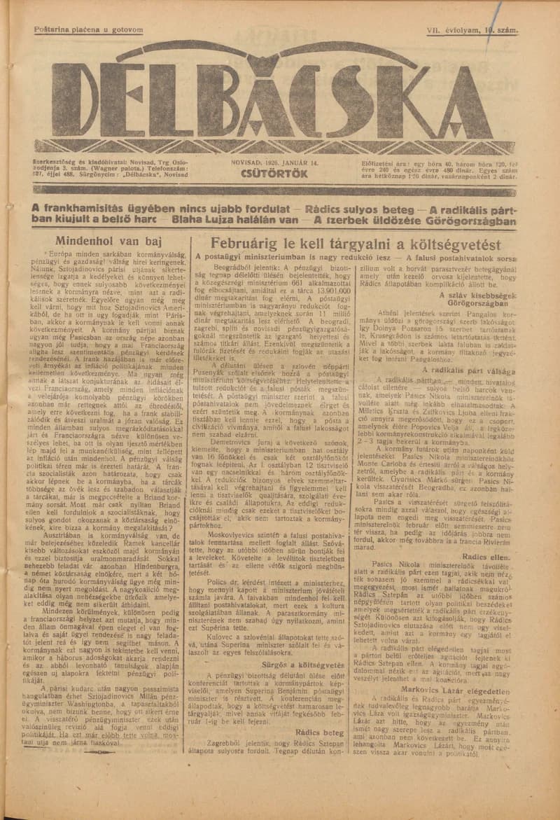 Délbácska, 7. évf. 1926. január 14. 10. sz.
