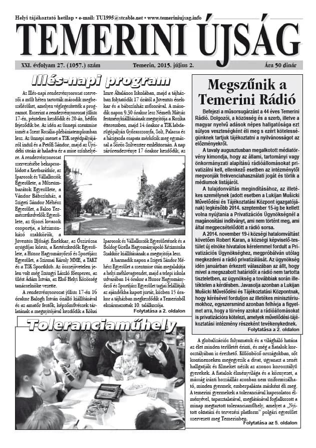 Temerini Újság, 21. évf. 2015. július 2. 27. sz.