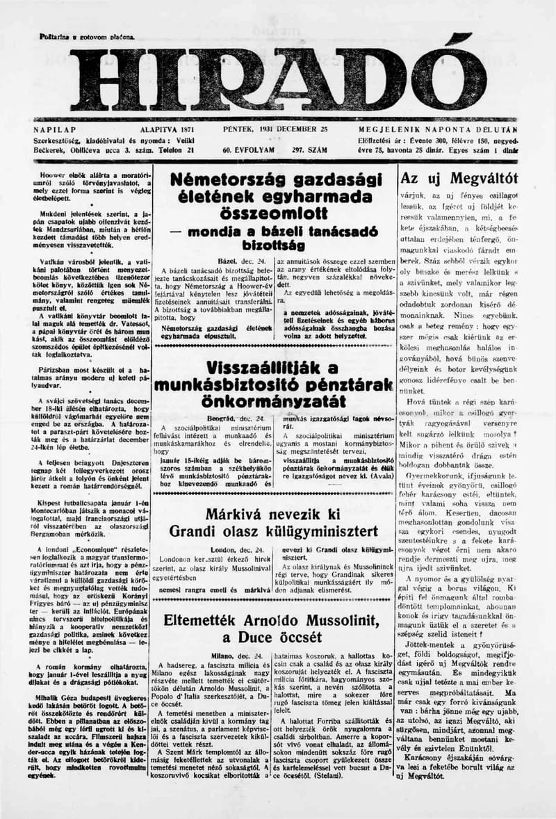 Híradó, 60. évf. 1931. december 25. 297. sz.