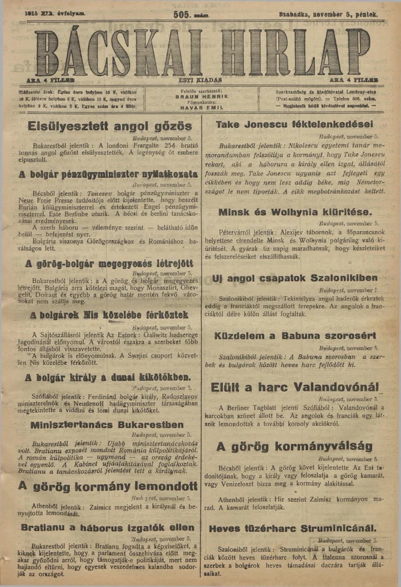 Bácskai Hirlap, 19. évf. 1915. november 5. 505. sz.