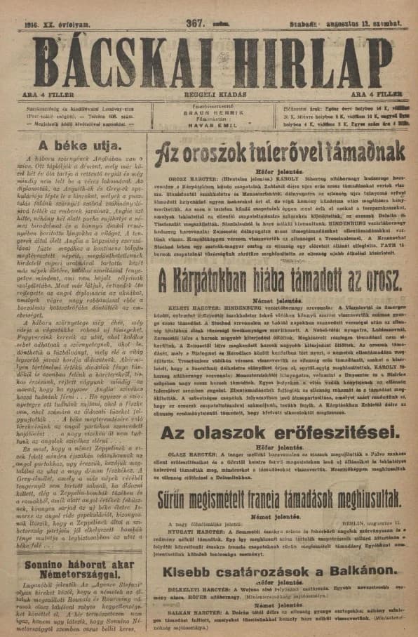 Bácskai Hirlap, 20. évf. 1916. augusztus 12. 367. sz.